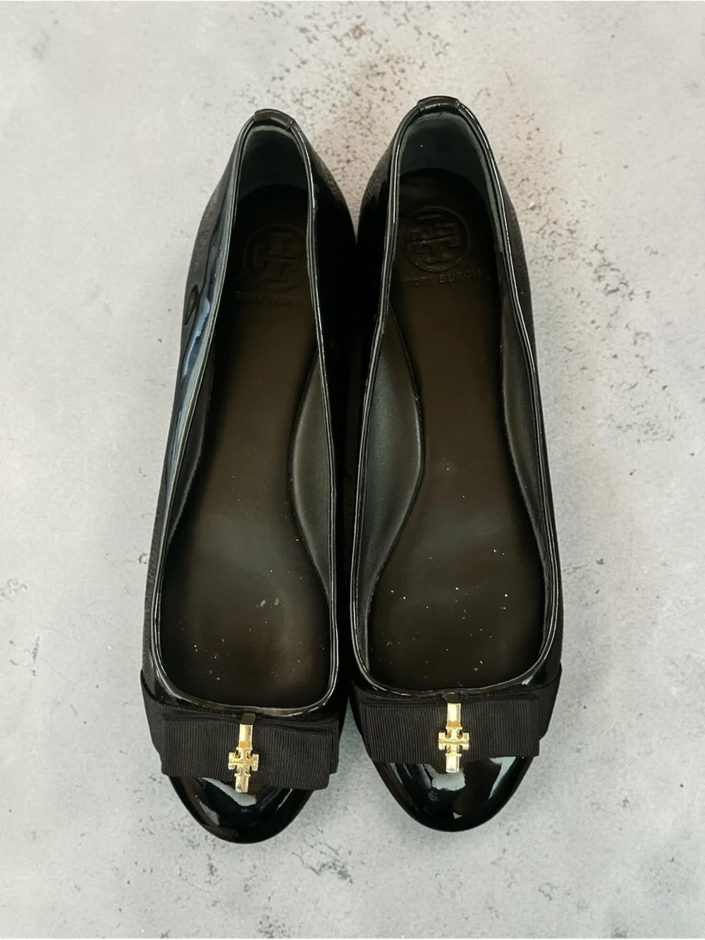 Tory Burch Black Patent Leather Ballet Flats with Gold Logo